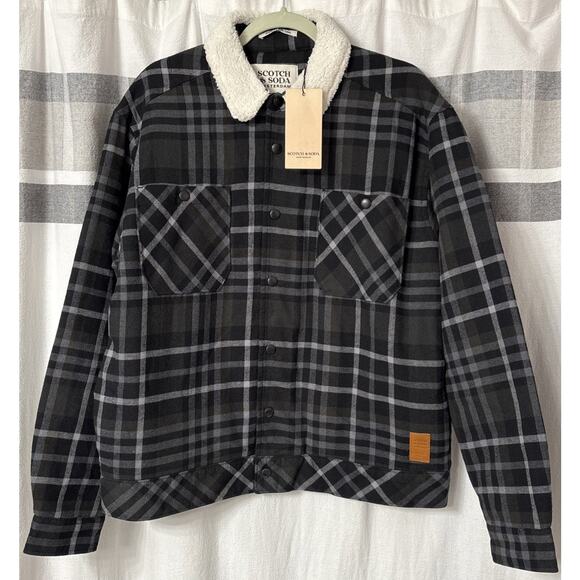 NWT Scotch & Soda Mens Medium Sherpa-Lined Plaid Jacket Double Chest Pocket - Picture 1 of 15